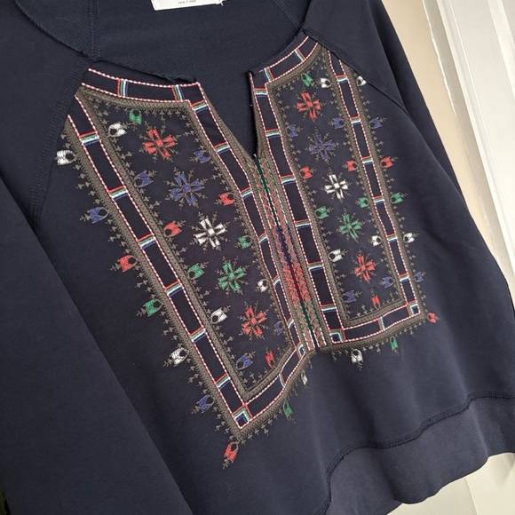 Artisan De Luxe Navy Blue Colorful Aztec Embroidered Boho Cropped Sweatshirt - Picture 3 of 12